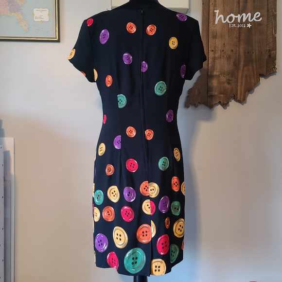 VTG Jessica Howard USA Colorful Rainbow Button Print AOP Black Dress Womens 14 - Picture 3 of 11